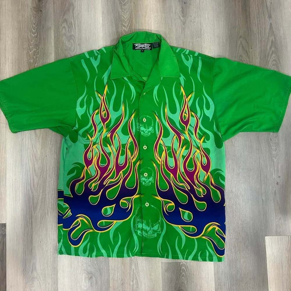 Dragnfly Clothing Company Flame Skull Shirt Size XL Green Short Sleeve